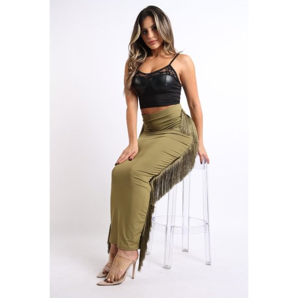 Women's Sexy Fringe Maxi Bodycon Midi Pencil Skirt High Waisted Tassels Side - Picture 2 of 8